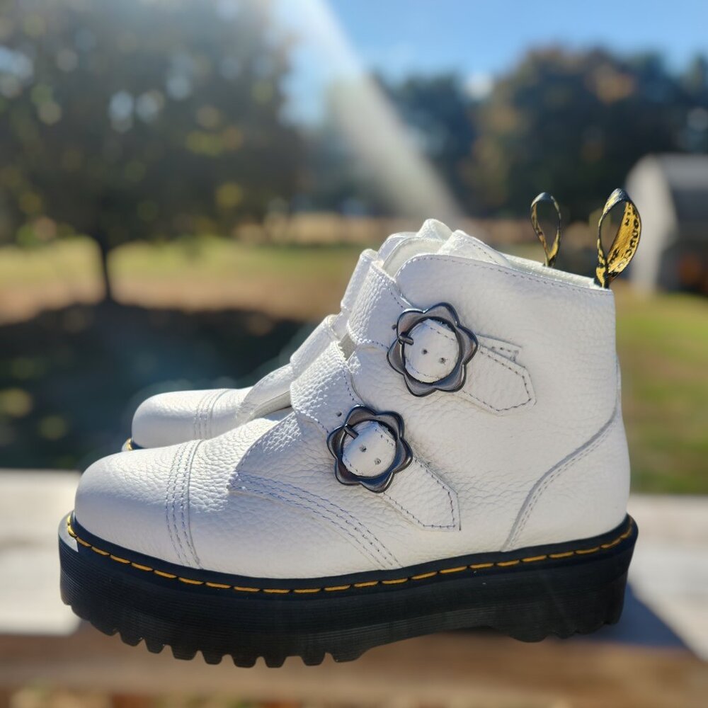 White Doc Marten Platform Daisy Buckle Boots